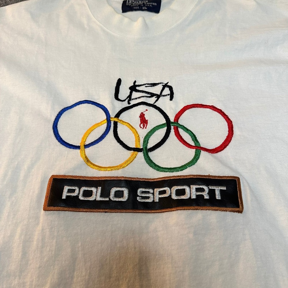 Vintage Polo Sport Ralph Lauren USA Olympic Rings T-Shirt White XL Made in USA - Picture 2 of 9